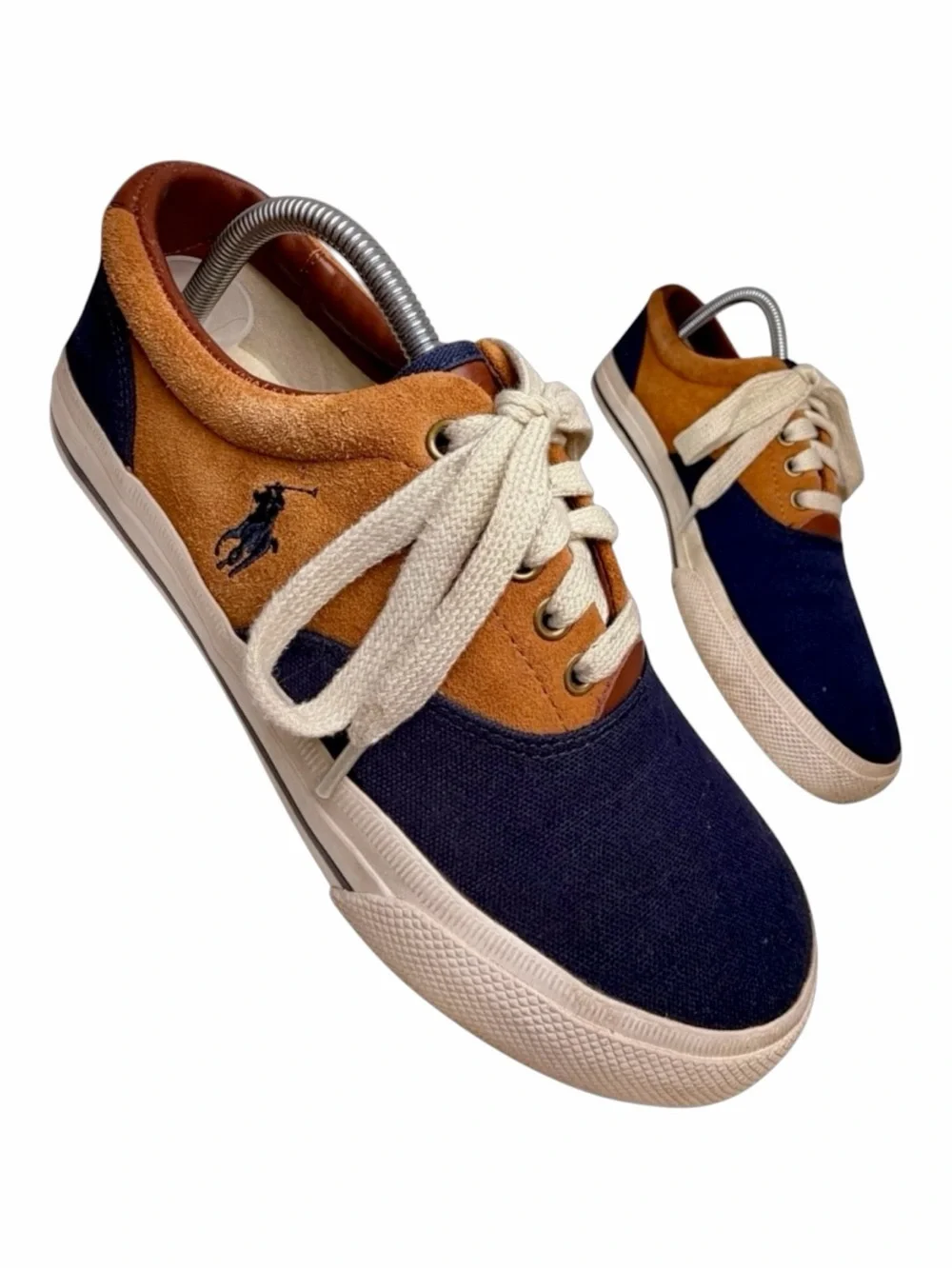 Polo Ralph Lauren Vaughn Saddle Sneakers Men’s 8D Navy Tan Canvas Suede - Picture 1 of 10